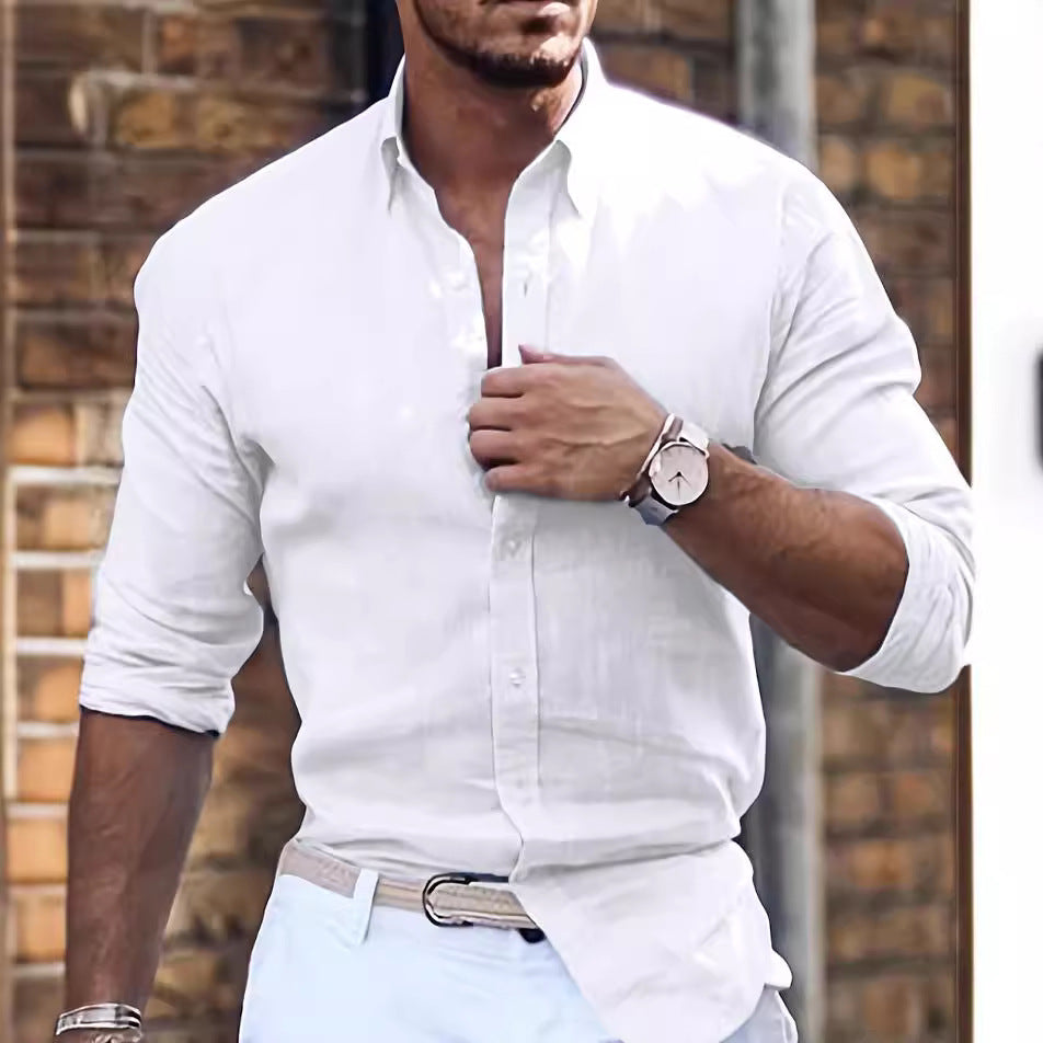 Cotton Linen Long Sleeve Shirt Solid Colour Polo Collar Casual Style Shirt