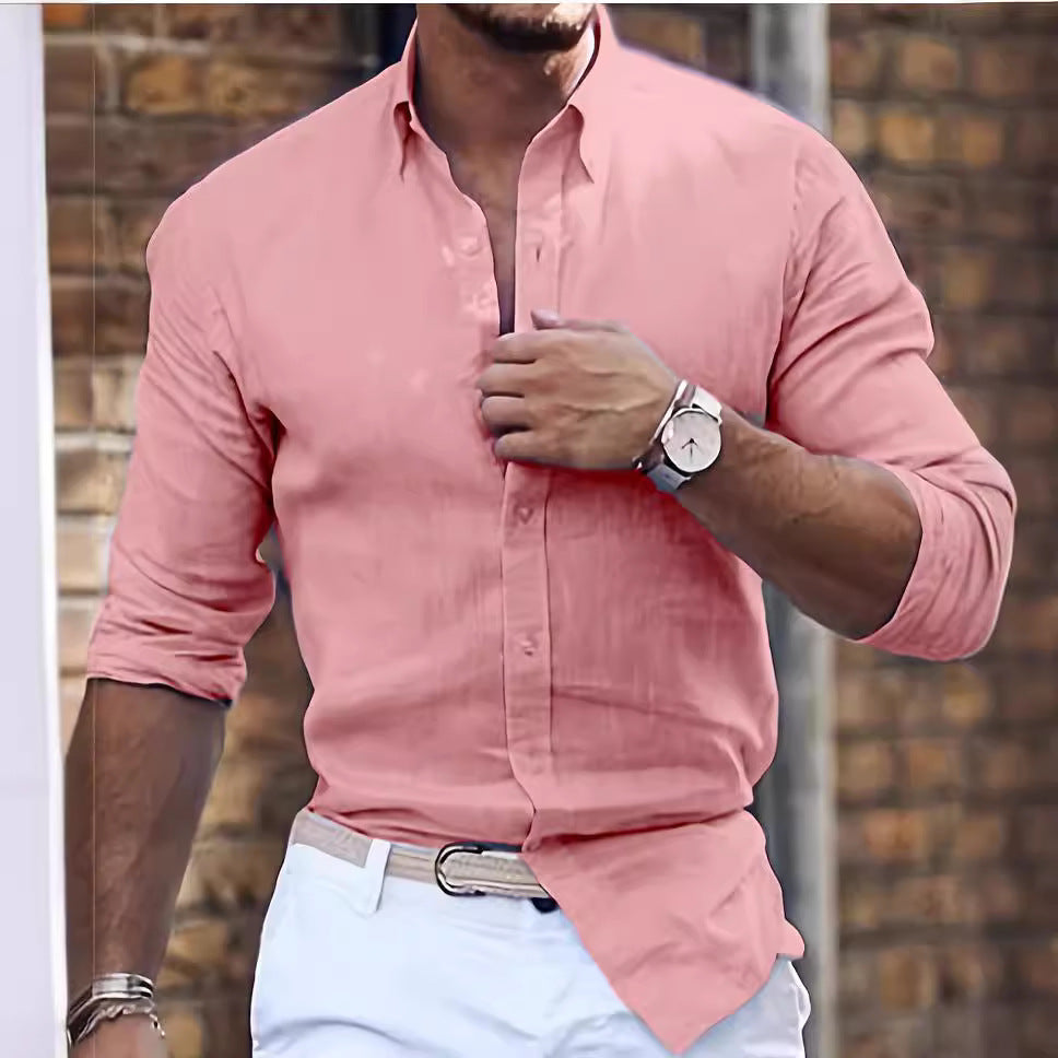 Cotton Linen Long Sleeve Shirt Solid Colour Polo Collar Casual Style Shirt