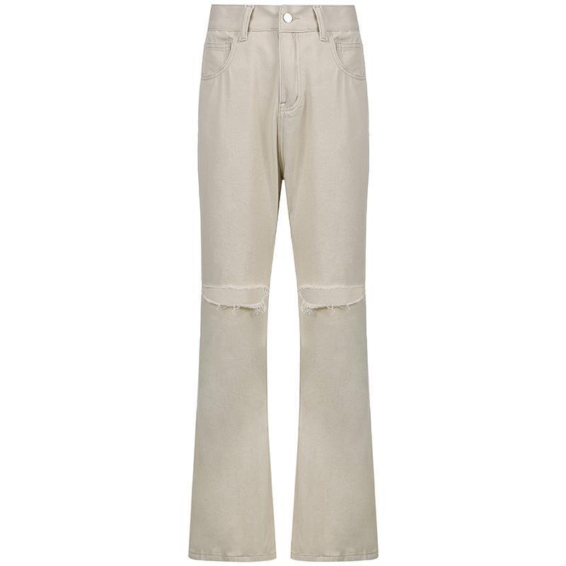 Casual Wide-leg Pants Ripped High-waist Denim Trousers