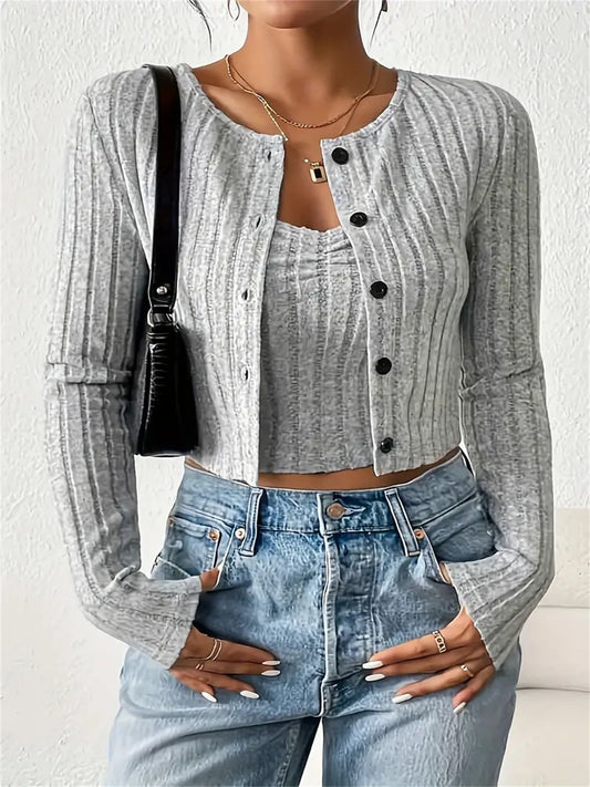 Rib Button Front Knit Elegant Set