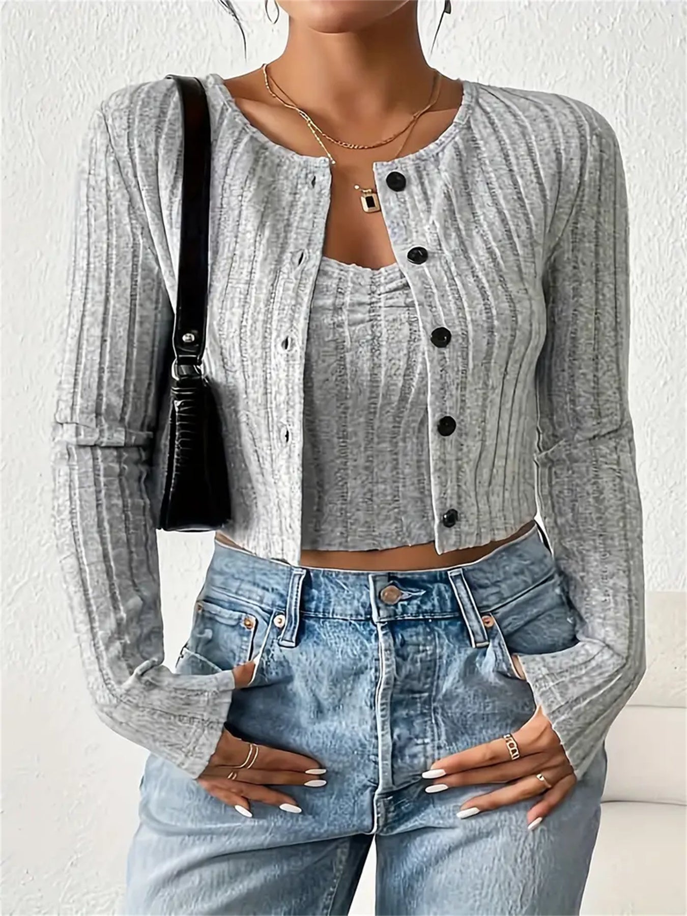 Rib Button Front Knit Elegant Set