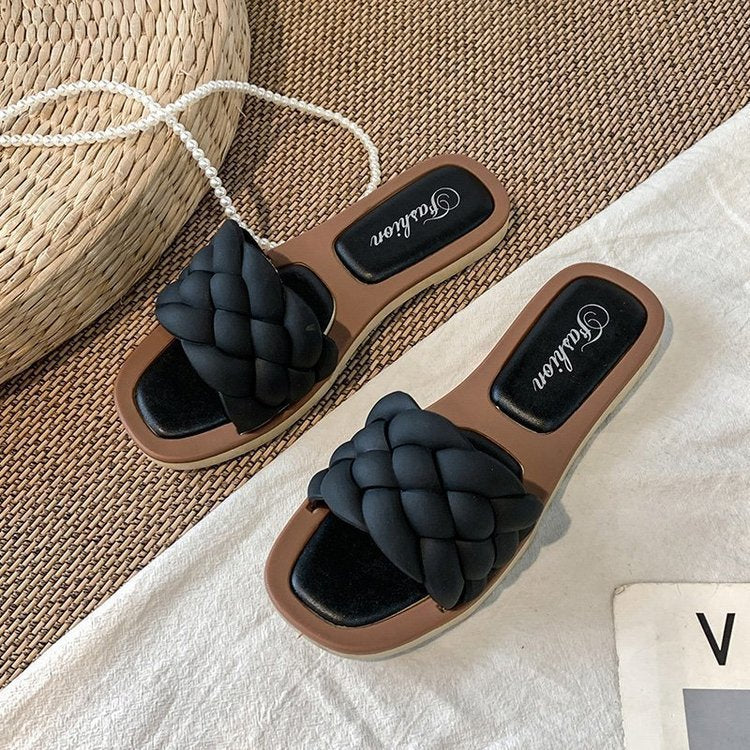 Square Toe Woven Flat Sandals
