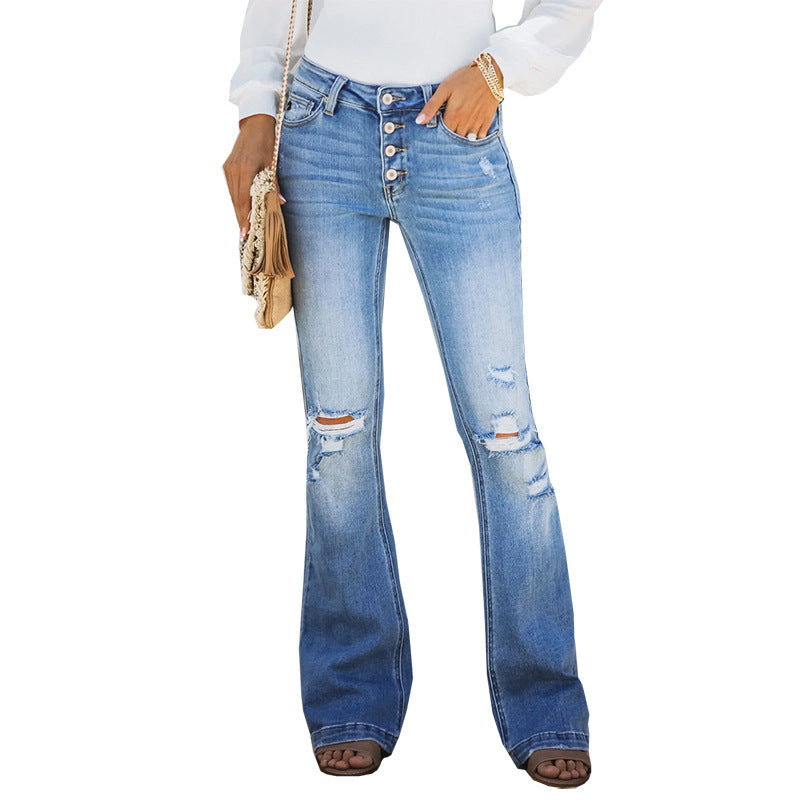 Autumn Winter Micro-Flare Ripped Straight-Leg Jeans