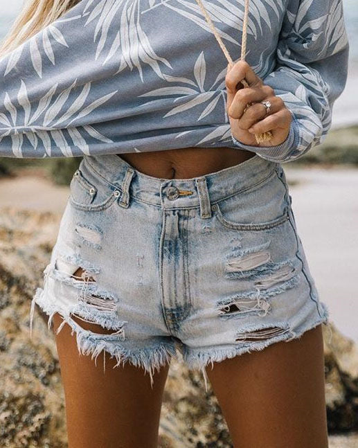 High-Waist Ripped Denim Shorts