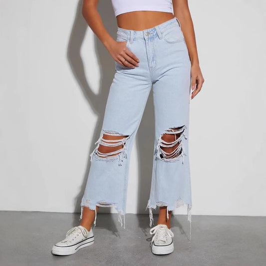 Women's Loose Mid-Waist Ripped Jeans
