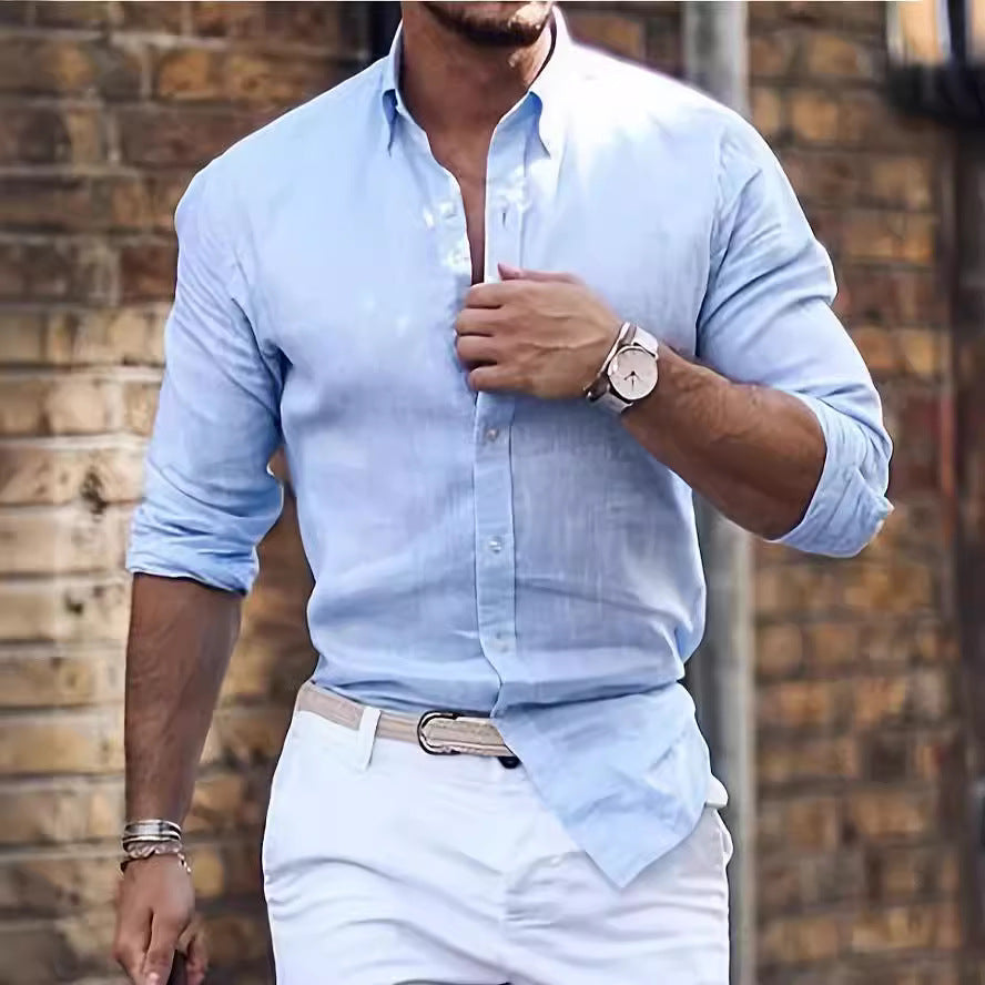 Cotton Linen Long Sleeve Shirt Solid Colour Polo Collar Casual Style Shirt