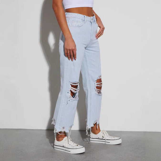 Women's Loose Mid-Waist Ripped Jeans
