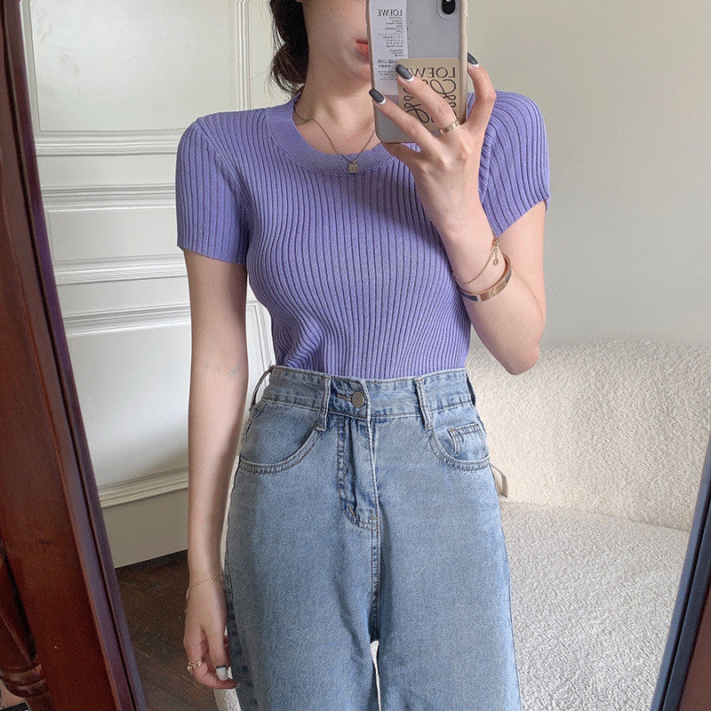 Knitted Short-Sleeve Women's Top