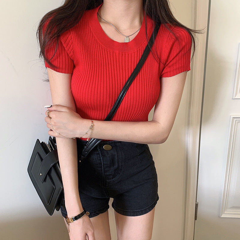 Knitted Short-Sleeve Women's Top