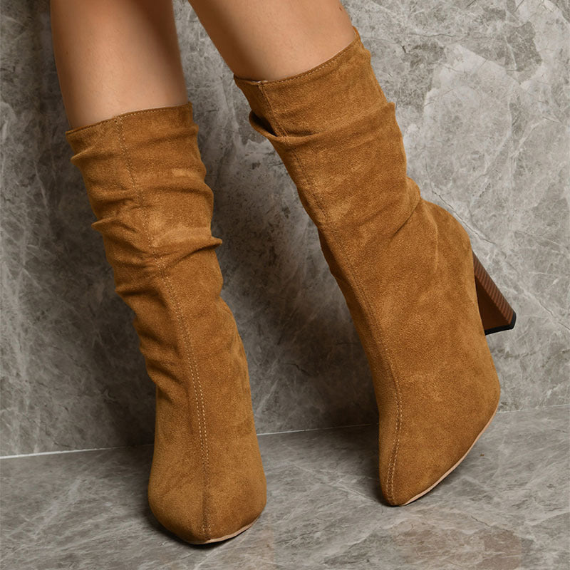 Pointed Toe Suede Mid-Calf Boots