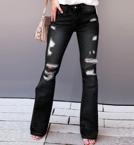 Autumn Winter Micro-Flare Ripped Straight-Leg Jeans